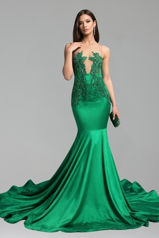 Illusion Beaded Bodice Mermaid Satin Gown - LAROSABRIDE