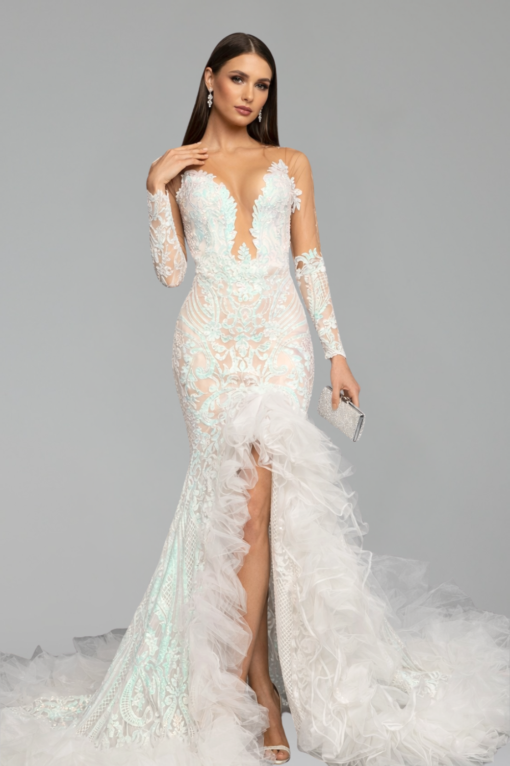 Sheer Embroidered Ruffle Slit Gown - LAROSABRIDE