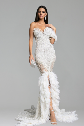 Feather Beaded Split Evening Dress - LAROSABRIDE